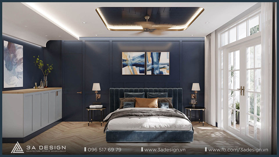 phòng ngủ master với màu xanh đậm hiện đại và sang trọng