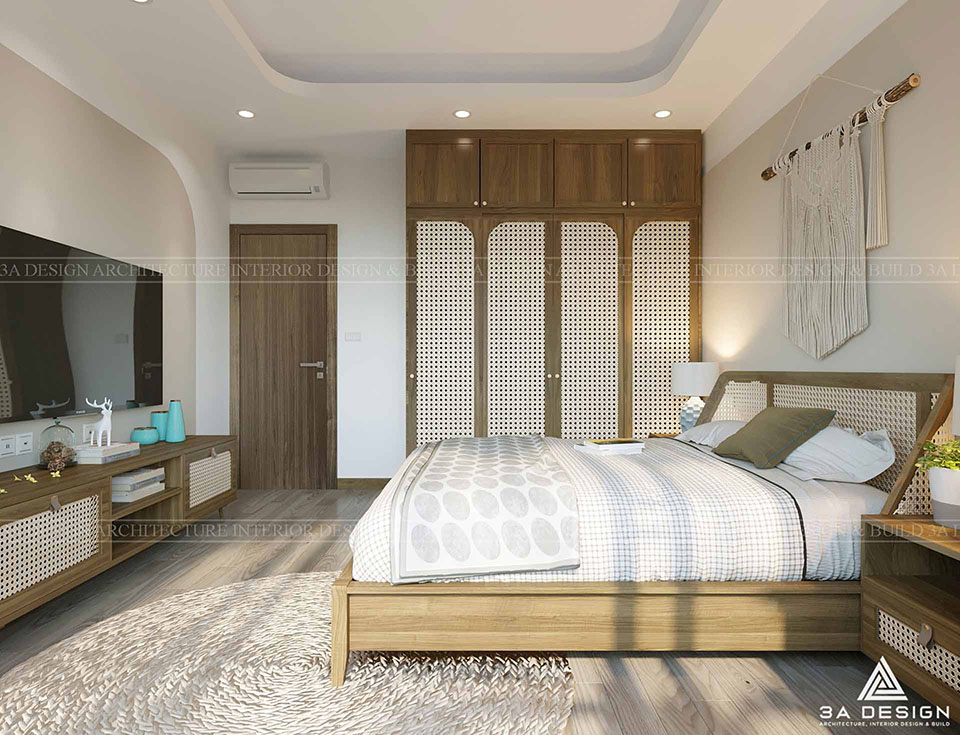phòng ngủ kết hợp với gỗ và đan tre
