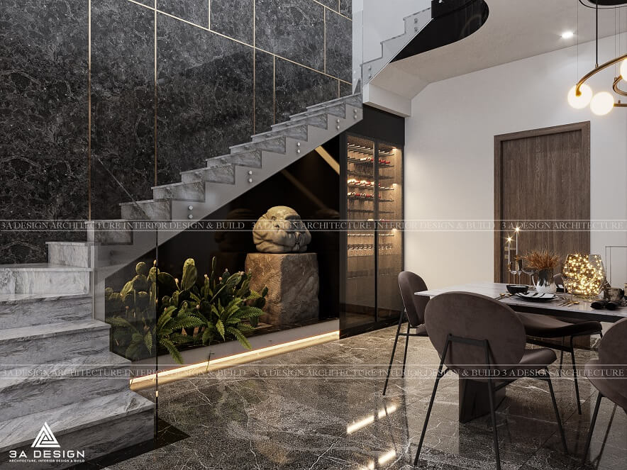 thiết kế villa với lối cầu thang bằng đá với vách ngăn bằng kính