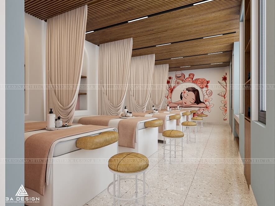 thiết kế không gian kinh doanh spa cho khách với tone màu nhẹ nhàng